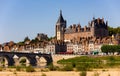 Gien cityscape on bank of Loire with medieval castle and arched bridge