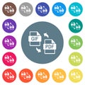 GIF PDF file conversion flat white icons on round color backgrounds