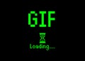 GIF sign with loading icon pixel art bitmap style. Progress bar almost reaching Play animation icon for social networks . Green