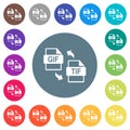 Gif tif file conversion flat white icons on round color backgrounds