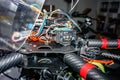 Gifhorn, Germany, December 9., 2016: Close-up of the electronic interior of a self-assembled large drone for camera flights and