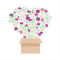 Gift box with flowers  twigs and letters. Card with heart. Royalty Free Stock Photo