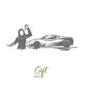 Gift, acquisition, hijab, islam, girl, car concept. Hand drawn isolated vector.