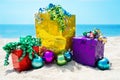 Gift bag and boxes with Christmas balls - holiday concept Royalty Free Stock Photo