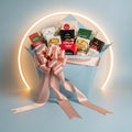 Gift Basket with Assorted Items and Ribbon Royalty Free Stock Photo