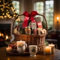 A gift basket filled with holiday treats and goodies
