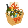 Gift basket full of chocolates and alcohol bottles