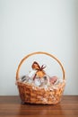 Gift basket on grey background Royalty Free Stock Photo