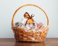 Gift basket on grey background