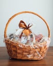Gift basket on grey background Royalty Free Stock Photo