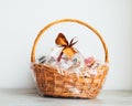 Gift basket on grey background Royalty Free Stock Photo