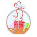 Gift basket. Holiday celebration present with bow ribbon and surprise box. Vector