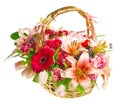 Gift basket of lilias, roses and gerberas