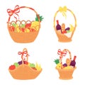 Gift basket. Wicker present full of fruits. Handmade container made of wicker with ribbon bow on handle