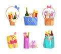 basket with bottle of wine and sweets. Christmas and new year, birthday, anniversary and wedding presents cartoon vector