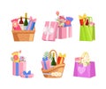 Gift baskets, boxes and bags set. Shopping bag, wicker basket and box full of gifts. Christmas and new year, birthday