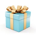 Gift blue box with a beautiful gold ribbon and bow isolated on a white background. Gift wrapping Royalty Free Stock Photo