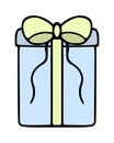 A gift in a blue rectangular elongated box. The surprise is decorated with a yellow bow with ties. Royalty Free Stock Photo