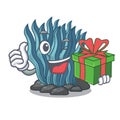 With gift blue seaweed cartoon under sea water Royalty Free Stock Photo