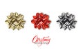 Gift bow. Realistic gold, red and silver metallic bows. Christmas and New Year decorations Royalty Free Stock Photo