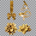 Gift bow realistic vector illustration on transparency grid. Golden ribbon present box decoration. Christmas design