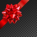 Gift bow realistic vector illustration on transparency grid. Red ribbon present box decoration. Superior for birthday