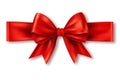 Gift bow with ribbon. Horizontal silk red ribbon with decorative bow, realistic luxury holiday satin ribbon for decor or