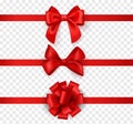 Gift bows with ribbons. Horizontal silk red ribbon with decorative bow, realistic festive satin tape for decor or Royalty Free Stock Photo