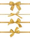 Gift bows ribbons. Realistic decorative golden silk tapes, luxury festive satin bow types, holiday wrapping design