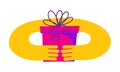 Gift box in abstract simplified hands. Yellow and pink modern illustration of giving, celebrating