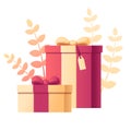 Gift box with abstract soft color pattern with leaves on background flat vector illustration on white background Royalty Free Stock Photo