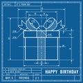 Gift box as technical blueprint drawing. Birthday technical concept. Mechanical engineering drawings. Greeting banner