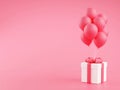 Gift box with balloons 3d render illustration - present package with bunch of flying balloons on pink pastel background.