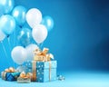 gift box with baloons has a happy birthday celebration over a blue background.