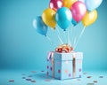 gift box with baloons has a happy birthday celebration over a blue background.