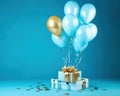 gift box with baloons has a happy birthday celebration over a blue background.