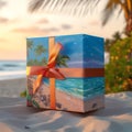 Gift box on the beach with palm tree and sunset. 3d rendering Royalty Free Stock Photo