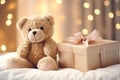 A gift box with bear doll on bed. Generative AI. Royalty Free Stock Photo