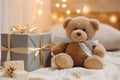 A gift box with bear doll on bed. Generative AI. Royalty Free Stock Photo