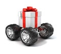 Gift box on big wheels, three-dimensional object isolated illustration Royalty Free Stock Photo