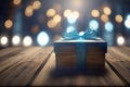 gift box with blue bow on wooden table background. Ai generative