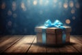 gift box with blue bow on wooden table background. Ai generative