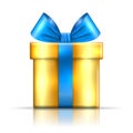 Gift box blue icon. Surprise present template, gold ribbon bow, isolated white background. 3D design decoration for Royalty Free Stock Photo