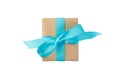 Gift box with blue ribbon isolated on white background. holiday concept you you design. top view Royalty Free Stock Photo