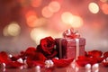 A gift box and bouquet of red roses on the table with bokeh background. Love confession. Valentine\'s day celebration Royalty Free Stock Photo