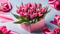 Gift box with a bouquet of tulips. Card template for Mother\'s Day, International Women\'s Day, Birthday, Royalty Free Stock Photo