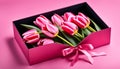 Gift box with a bouquet of tulips. Card template for Mother\'s Day, International Women\'s Day, Birthday, Royalty Free Stock Photo