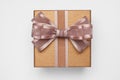 Gift box with bow on light grey background, top view Royalty Free Stock Photo