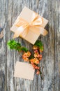 Gift box with bow ribbon, blank tag and delicate flowering branch Royalty Free Stock Photo