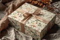 A gift box with a bow on top placed on a bed, An elegant gift box featuring delicate floral patterns Royalty Free Stock Photo